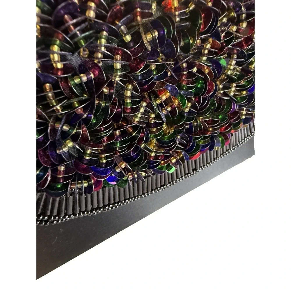 VTG La Regale Clutch Black‎ Satin Beaded Prom Mermaidcore Iridescent 